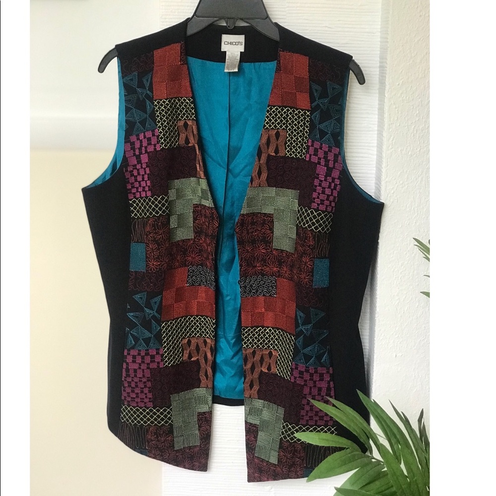 Chico’s Colorful Tribal Pattern Black Vest